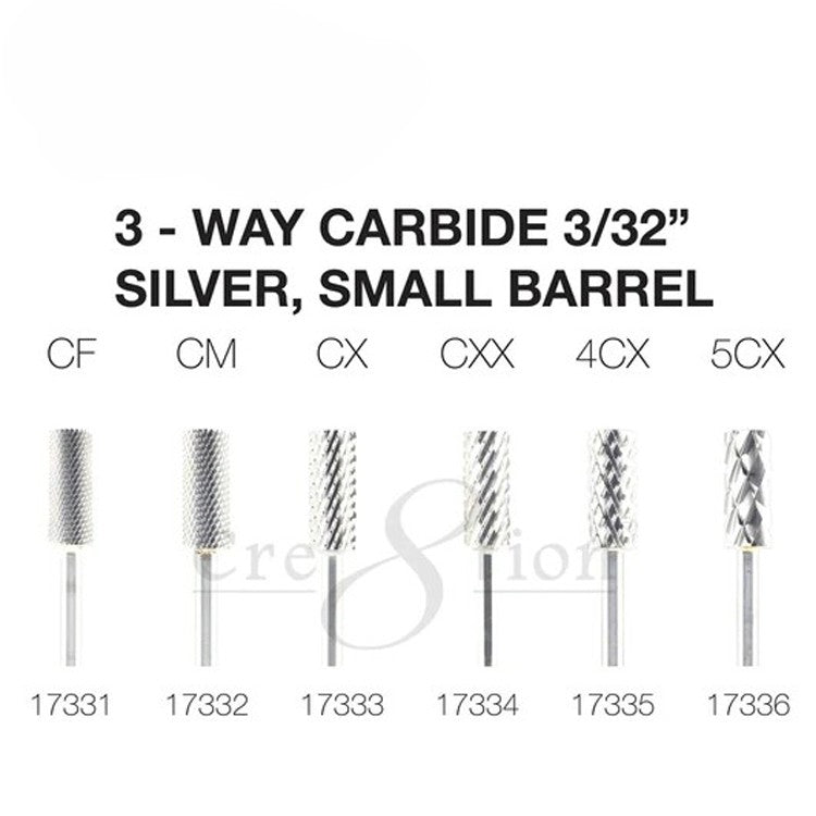 Cre8tion Silver 3-Way Carbide Small Barrel Bit - grit range overview