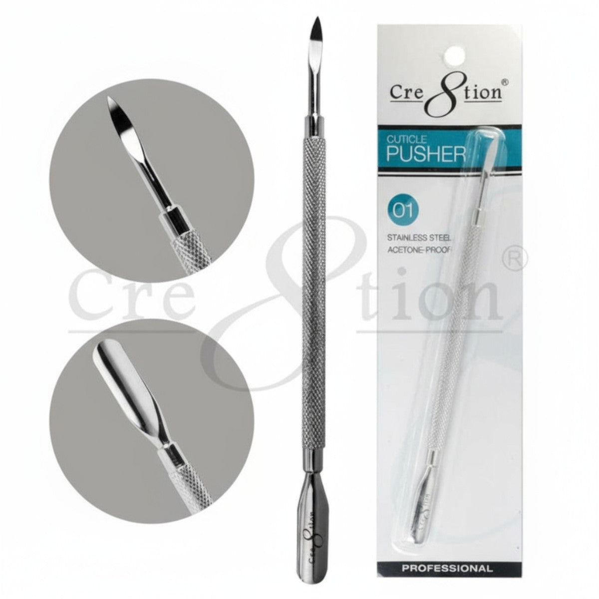 Cre8tion Stainless Steel Cuticle Pusher P01 with double-ended tips and retail packaging