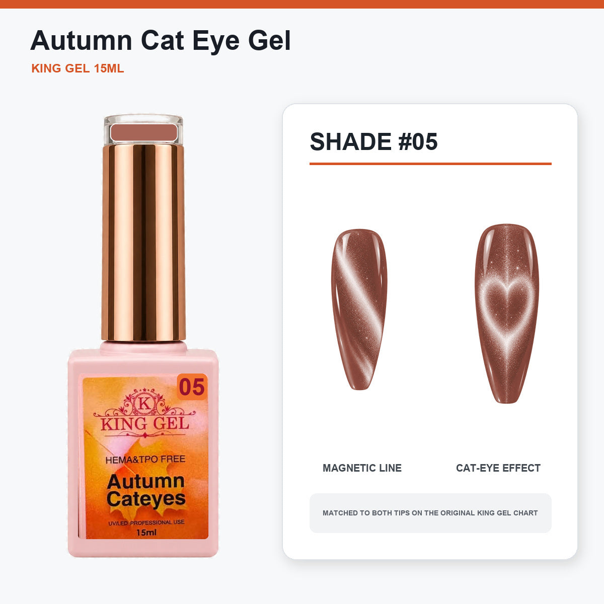 22 Colors Autumn Cat Eye Gel Collection - KingGel Brand - Shade 5 bottle and chart-matched color - Studio V2