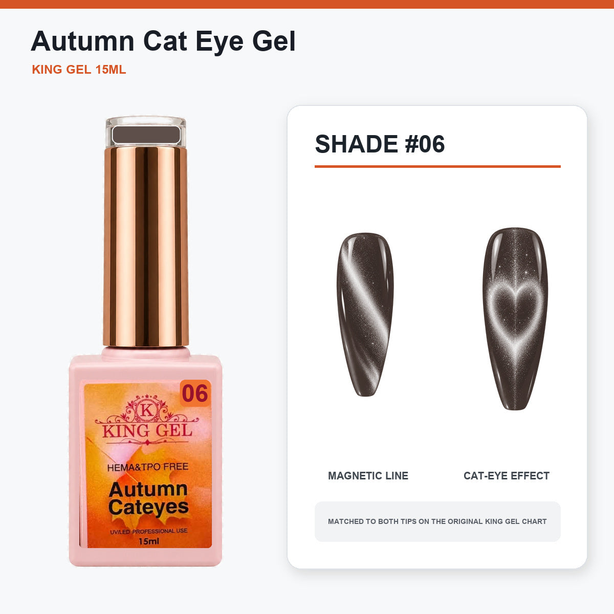 22 Colors Autumn Cat Eye Gel Collection - KingGel Brand - Shade 6 bottle and chart-matched color - Studio V2