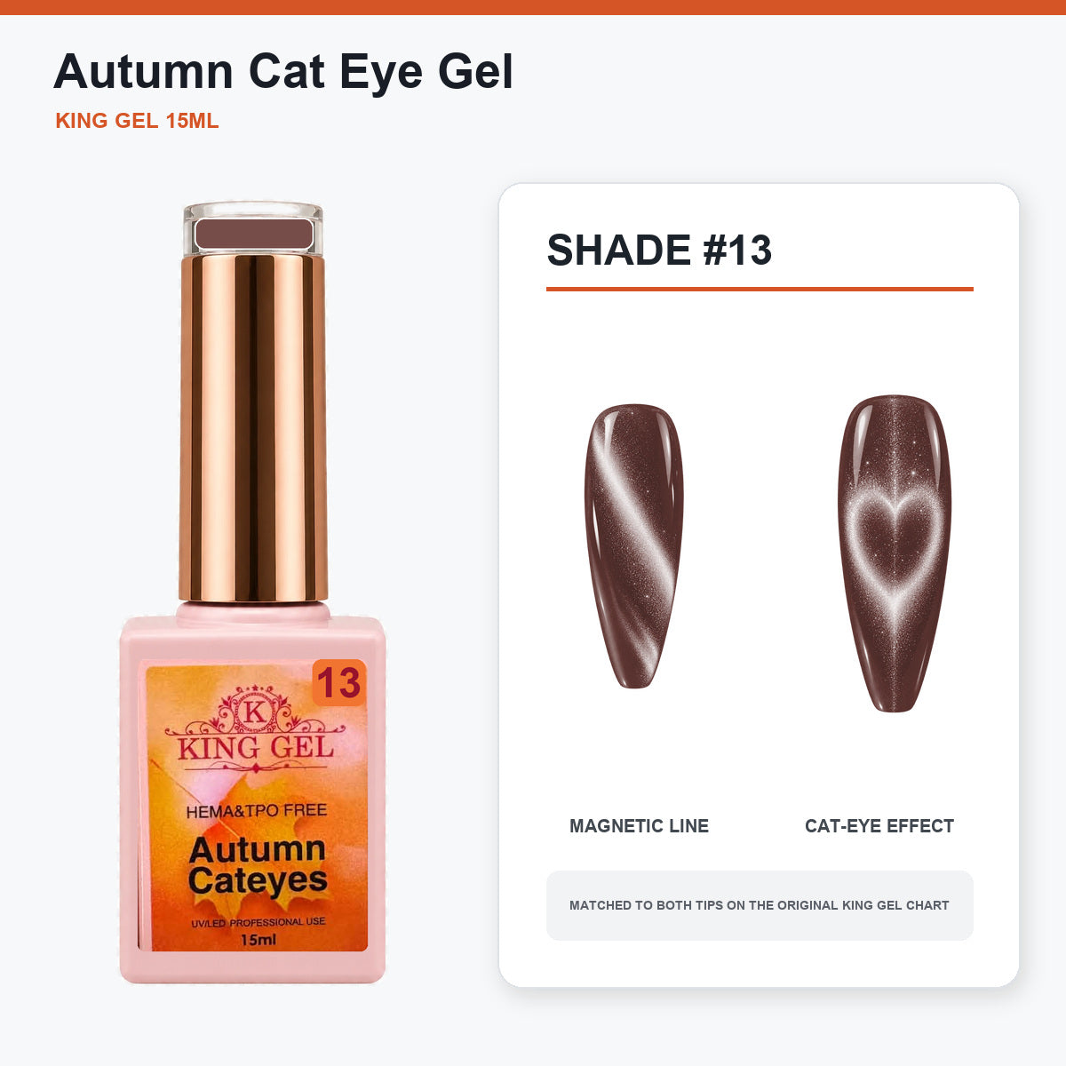22 Colors Autumn Cat Eye Gel Collection - KingGel Brand - Shade 13 bottle and chart-matched color - Studio V2