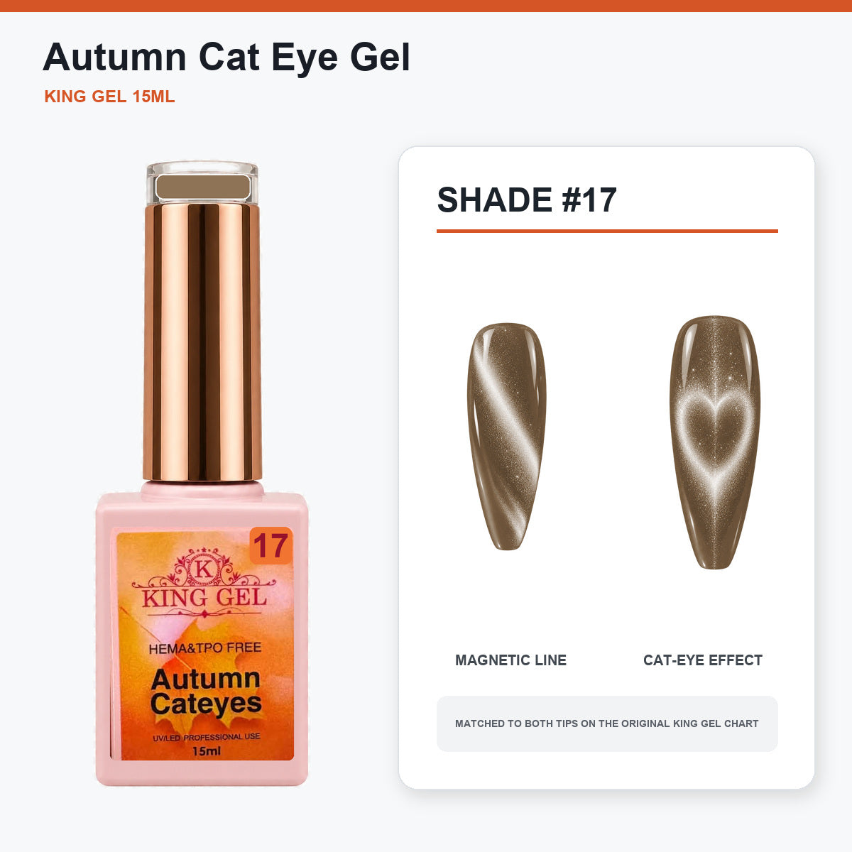 22 Colors Autumn Cat Eye Gel Collection - KingGel Brand - Shade 17 bottle and chart-matched color - Studio V2