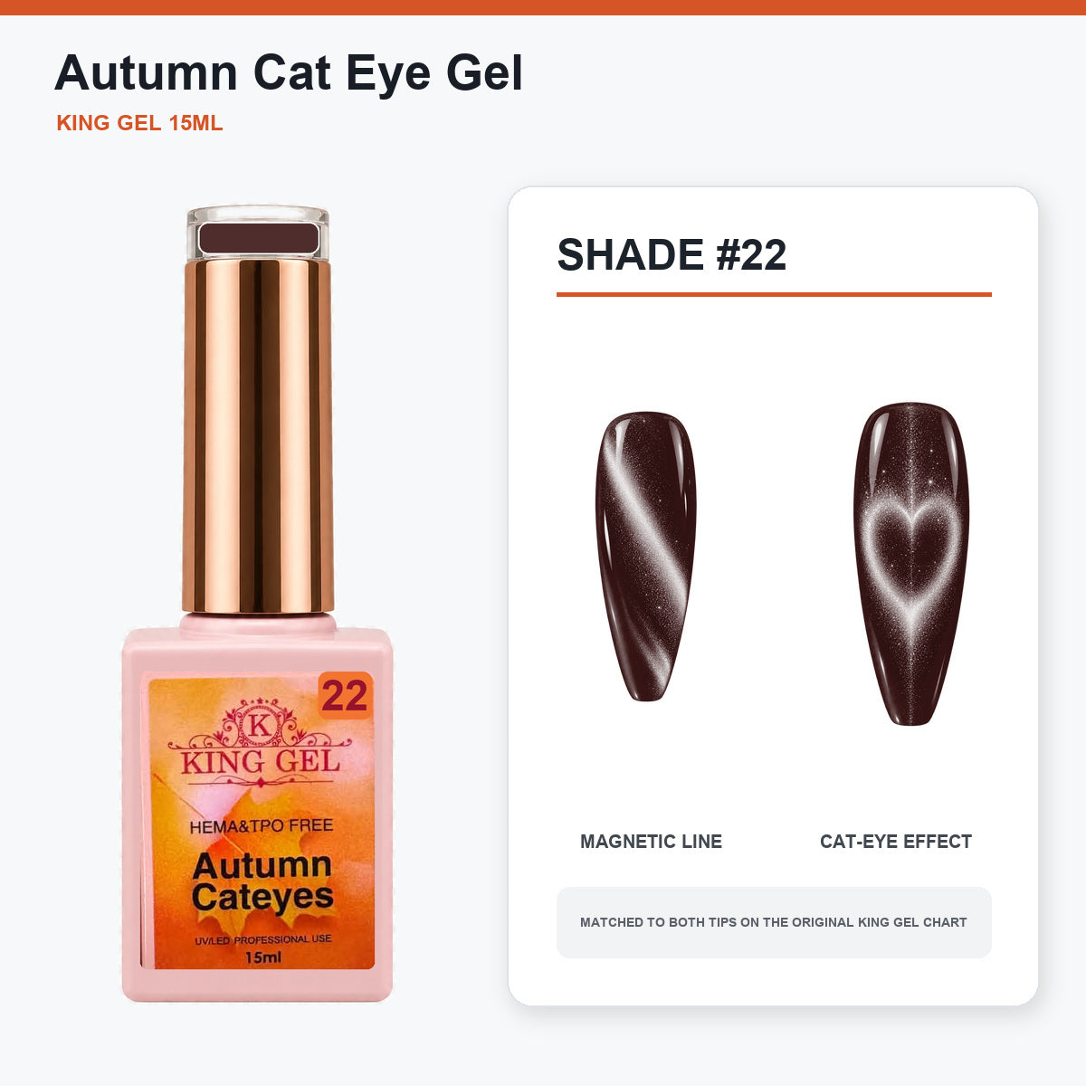22 Colors Autumn Cat Eye Gel Collection - KingGel Brand - Shade 22 bottle and chart-matched color - Studio V2
