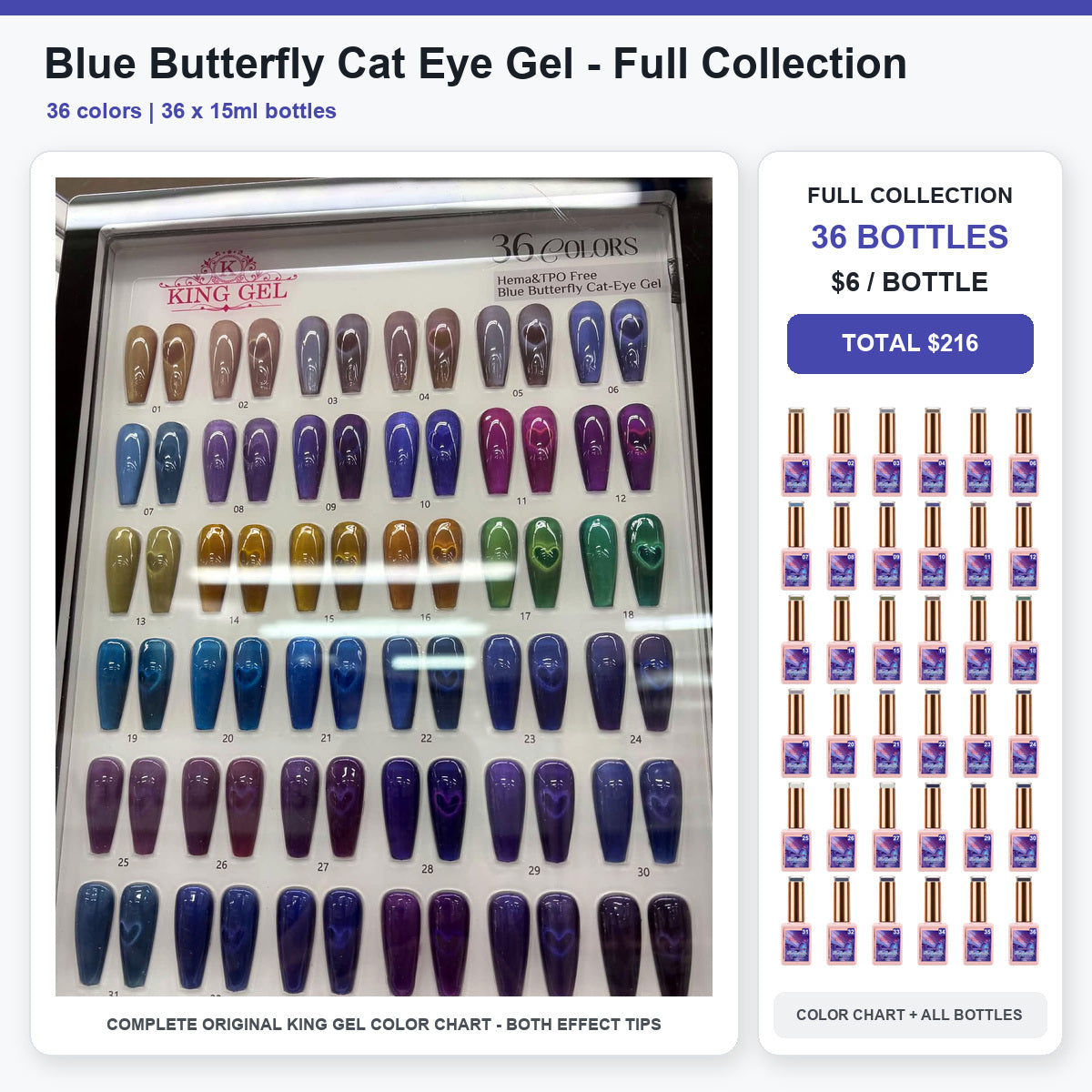 36 Colors Blue Butterfly Cat Eye Gel Collection - KingGel Brand - Full Collection color chart and all bottles - Studio V2