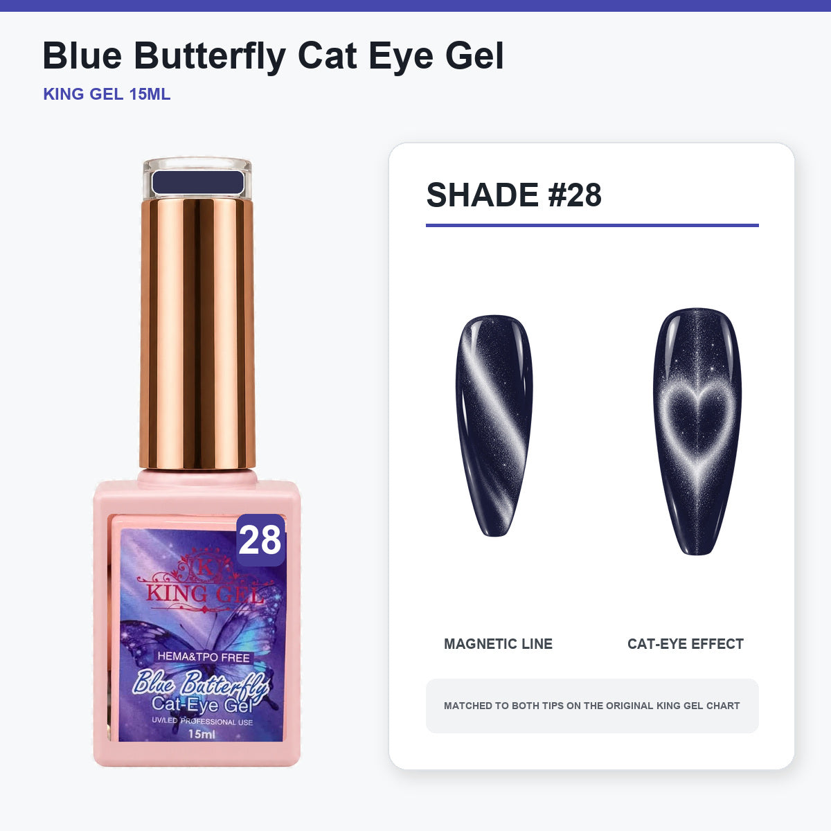 36 Colors Blue Butterfly Cat Eye Gel Collection - KingGel Brand - Shade 28 bottle and chart-matched color - Studio V2