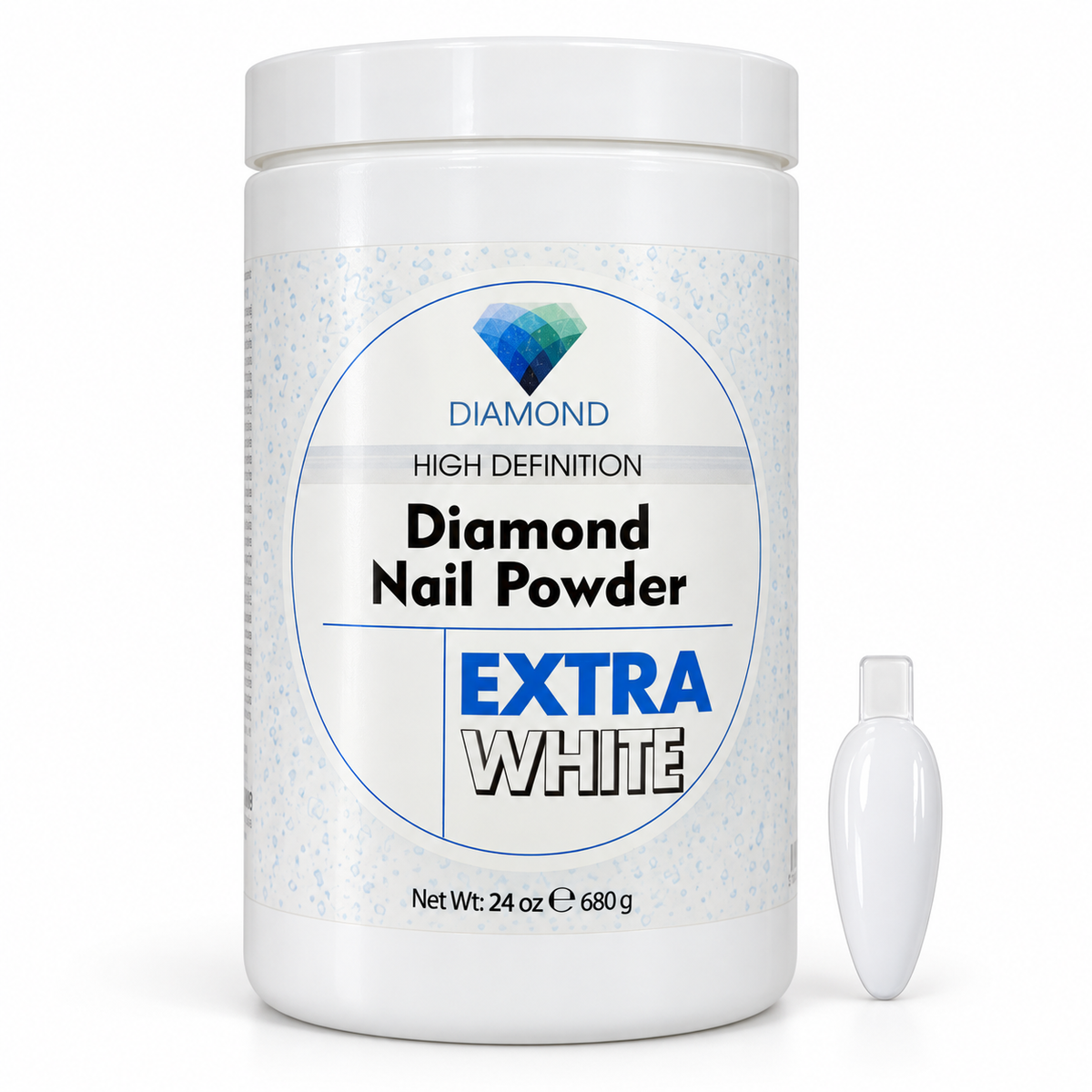 Diamond Extra White acrylic nail powder, 24 oz jar with matching nail swatch on a white background.