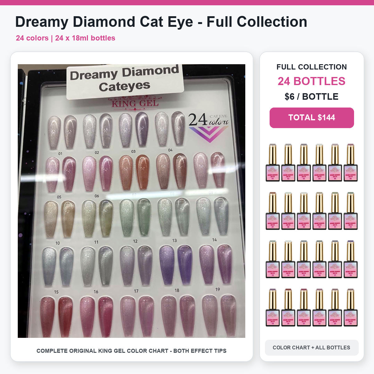 24 Colors Dreamy Diamond Cat Eye Gel Collection - KingGel Brand - Full Collection color chart and all bottles - Studio V2