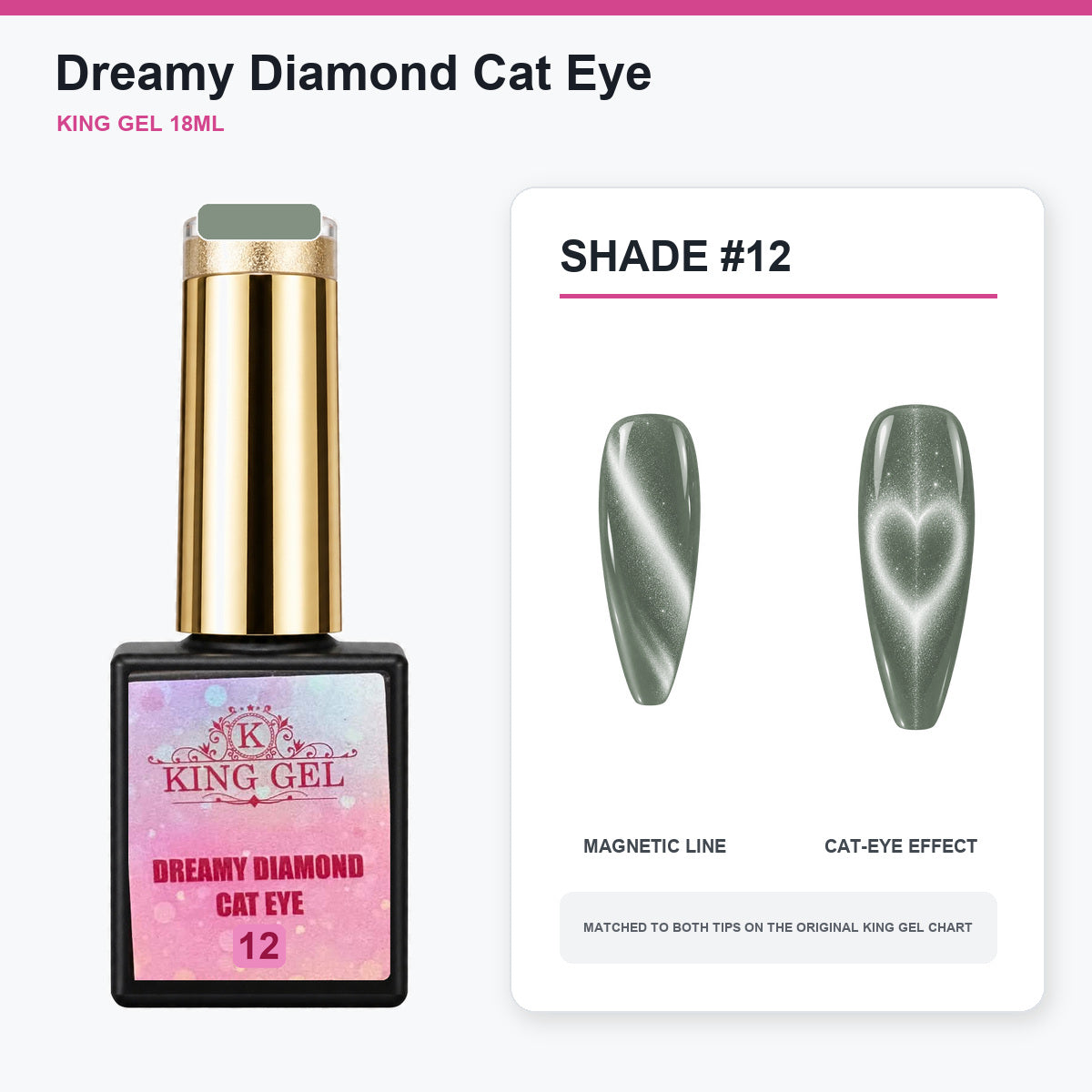 24 Colors Dreamy Diamond Cat Eye Gel Collection - KingGel Brand - Shade 12 bottle and chart-matched color - Studio V2