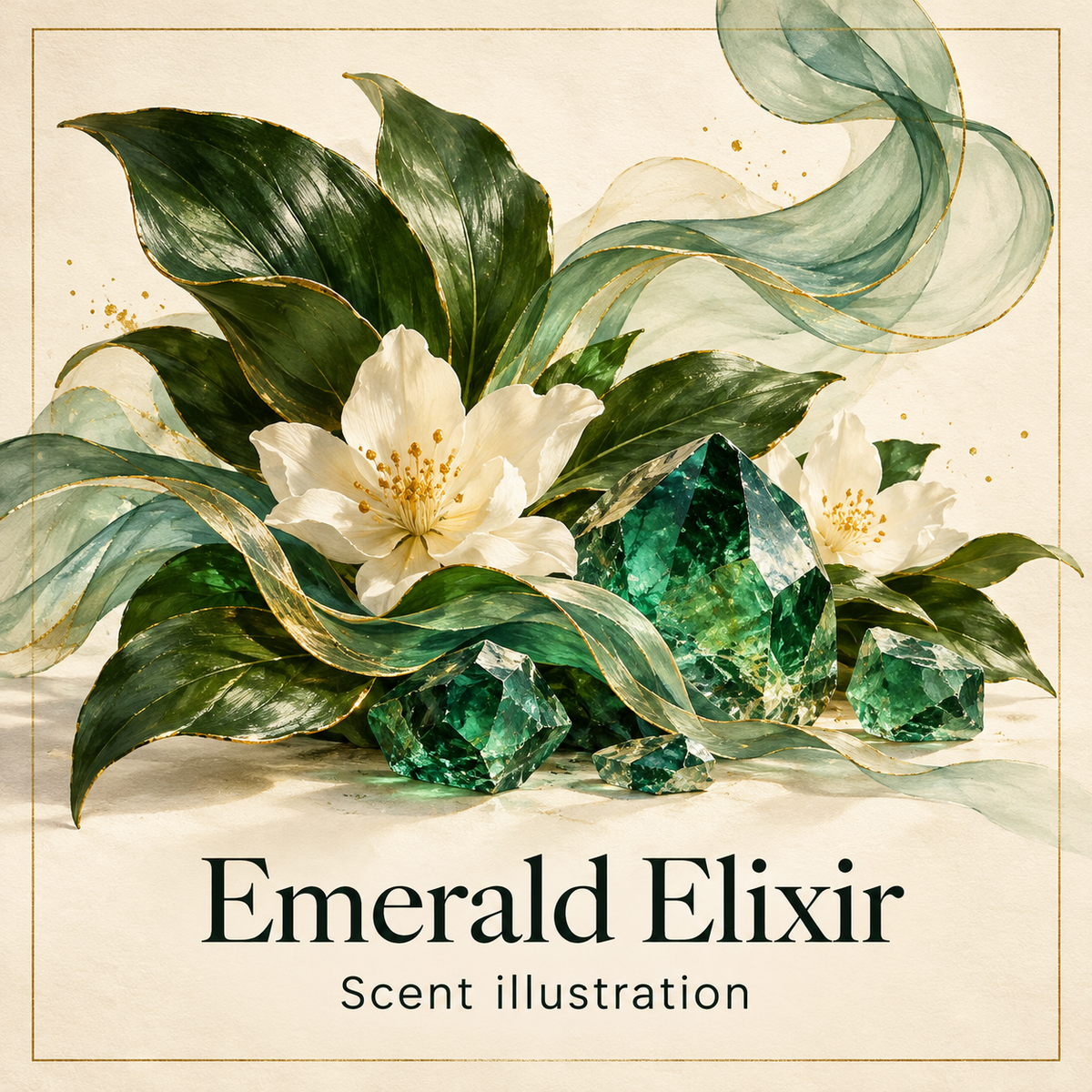 Emerald Elixir scent illustration; illustrative scent selection artwork, not a product or packaging photo.