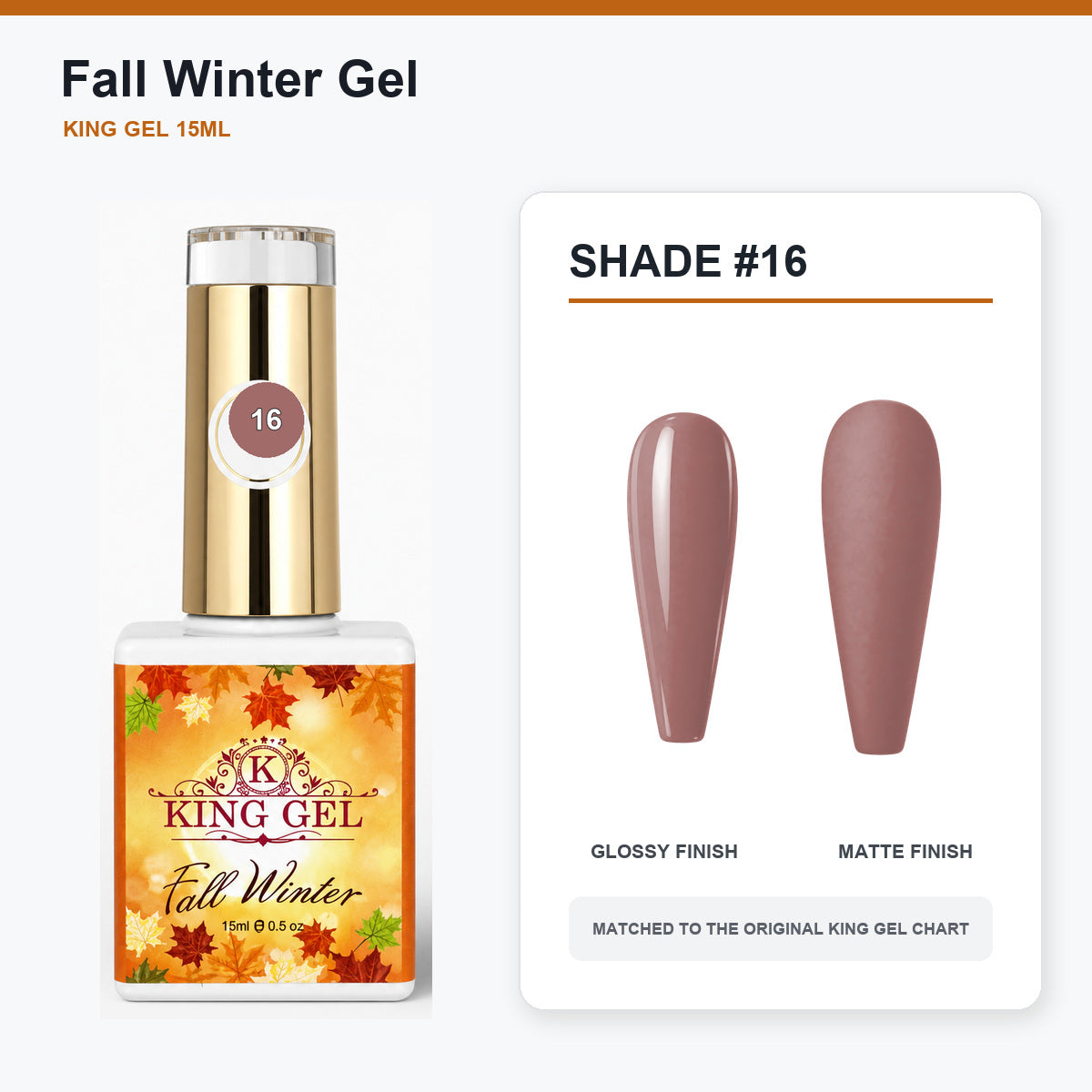 48 Colors Fall Winter Gel Collection - KingGel Brand - Shade 16 bottle and chart-matched color - Studio V2