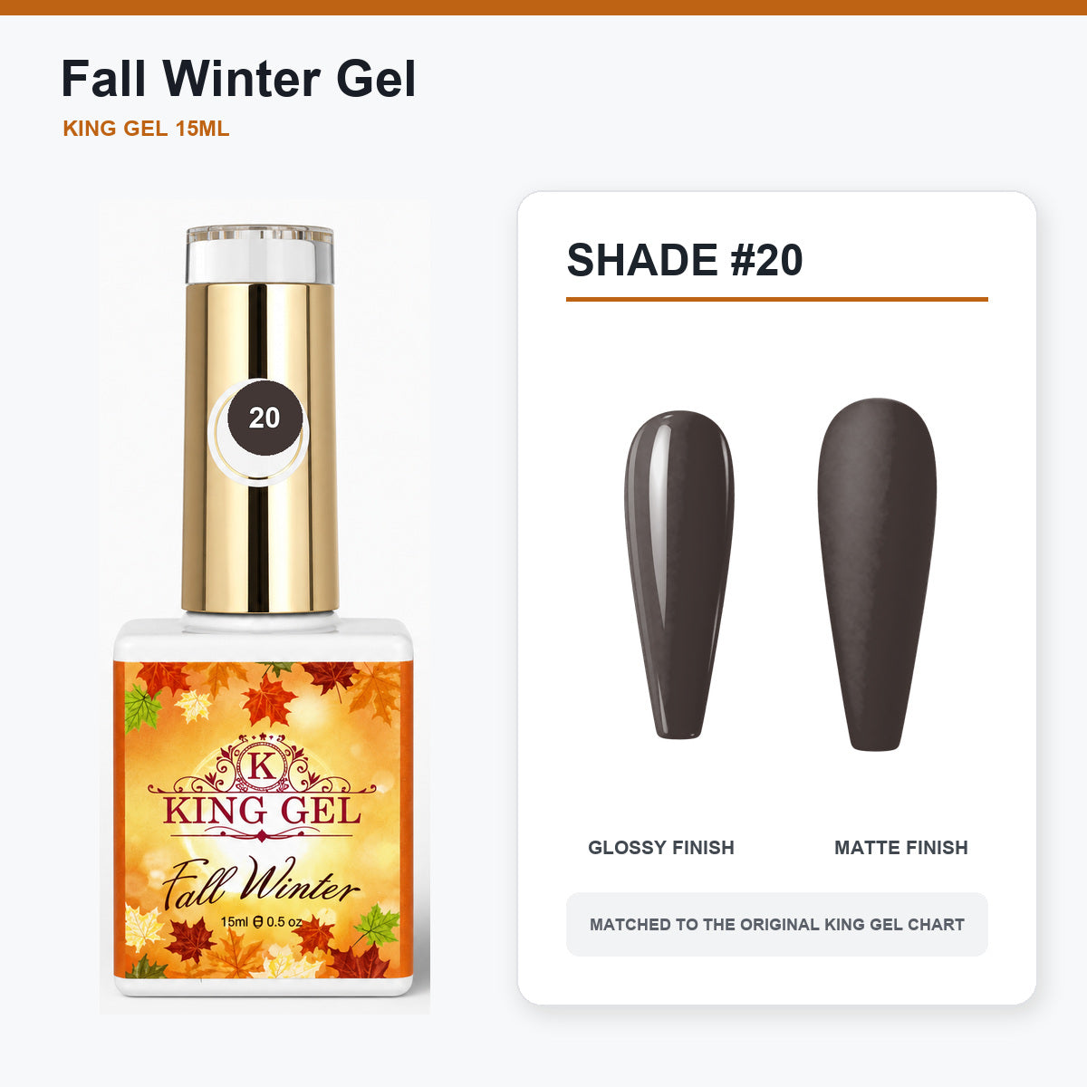 48 Colors Fall Winter Gel Collection - KingGel Brand - Shade 20 bottle and chart-matched color - Studio V2
