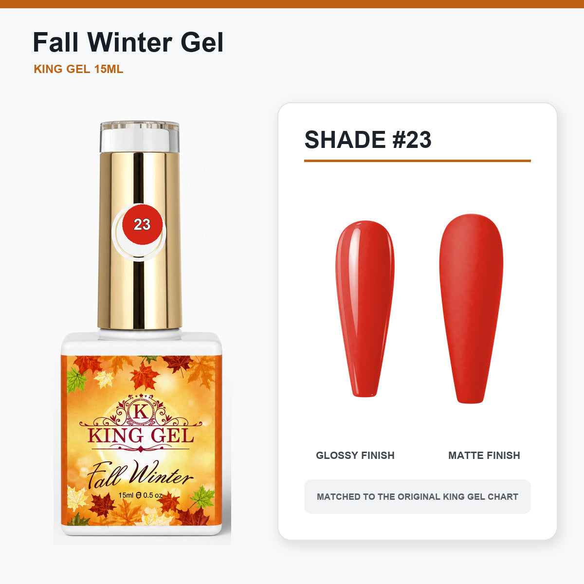 48 Colors Fall Winter Gel Collection - KingGel Brand - Shade 23 bottle and chart-matched color - Studio V2