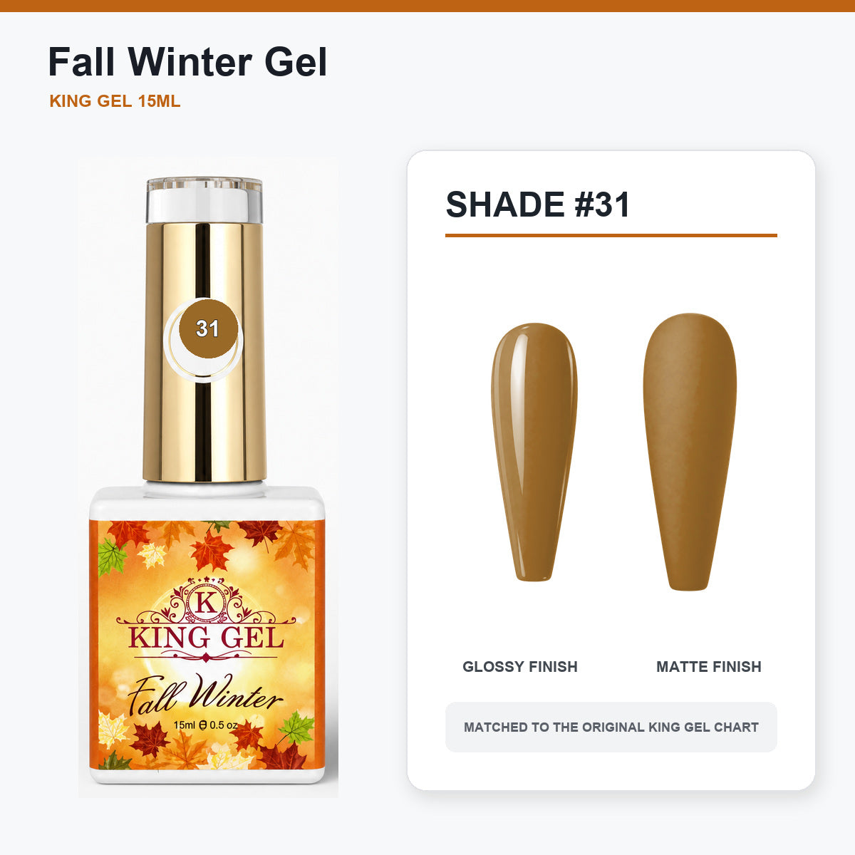 48 Colors Fall Winter Gel Collection - KingGel Brand - Shade 31 bottle and chart-matched color - Studio V2