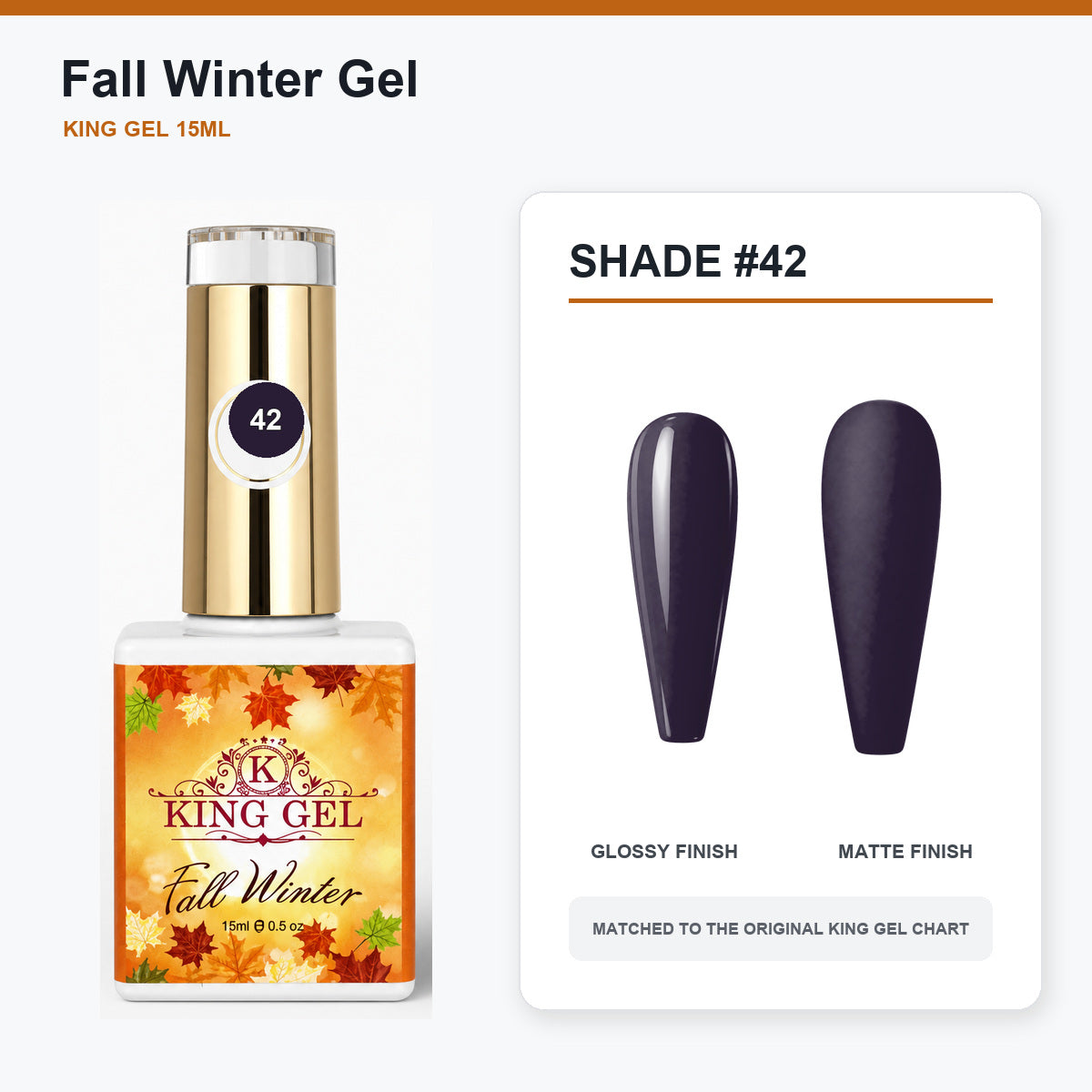 48 Colors Fall Winter Gel Collection - KingGel Brand - Shade 42 bottle and chart-matched color - Studio V2