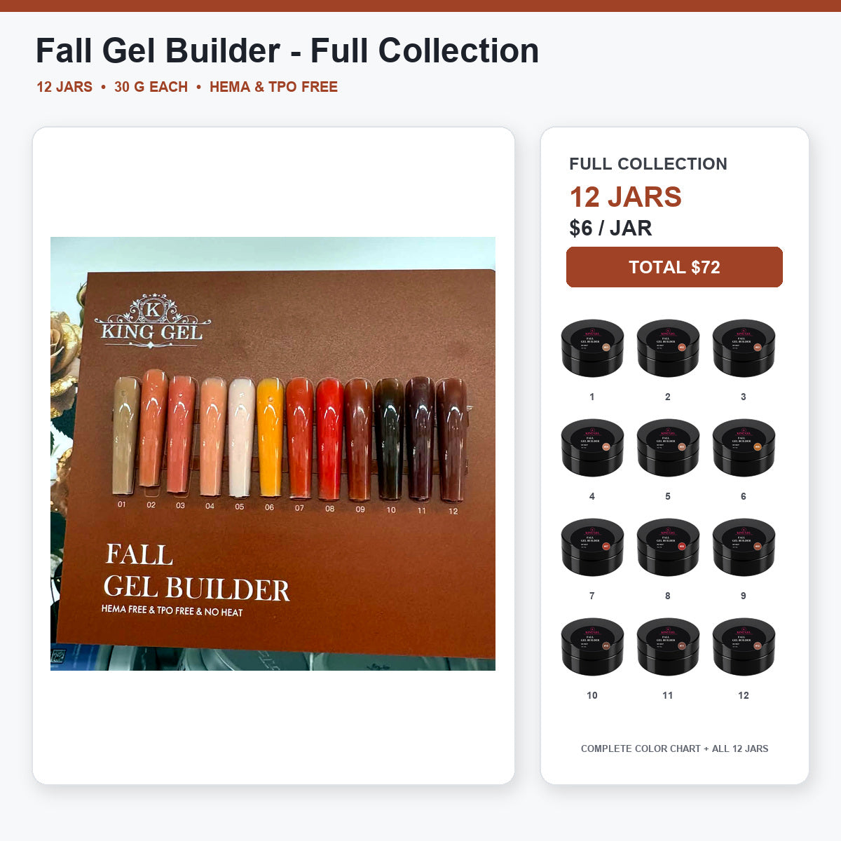 12 Colors Fall Gel Builder Collection - KingGel Brand - Full Collection color chart and all 12 jars - Studio V2