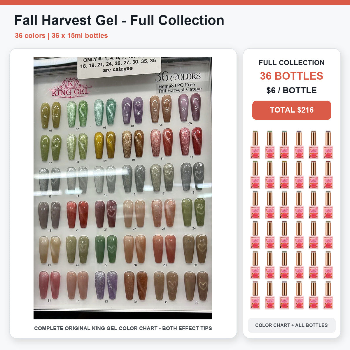 36 Colors Fall Harvest Gel Collection - KingGel Brand - Full Collection color chart and all bottles - Studio V2