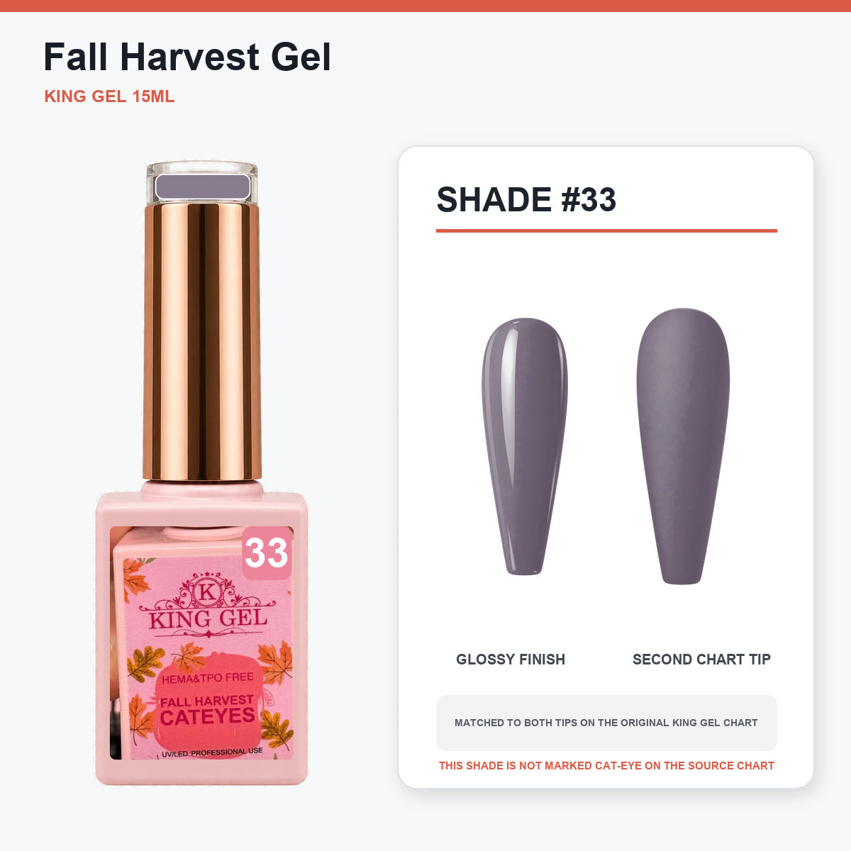 36 Colors Fall Harvest Gel Collection - KingGel Brand - Shade 33 bottle and chart-matched color - Studio V2
