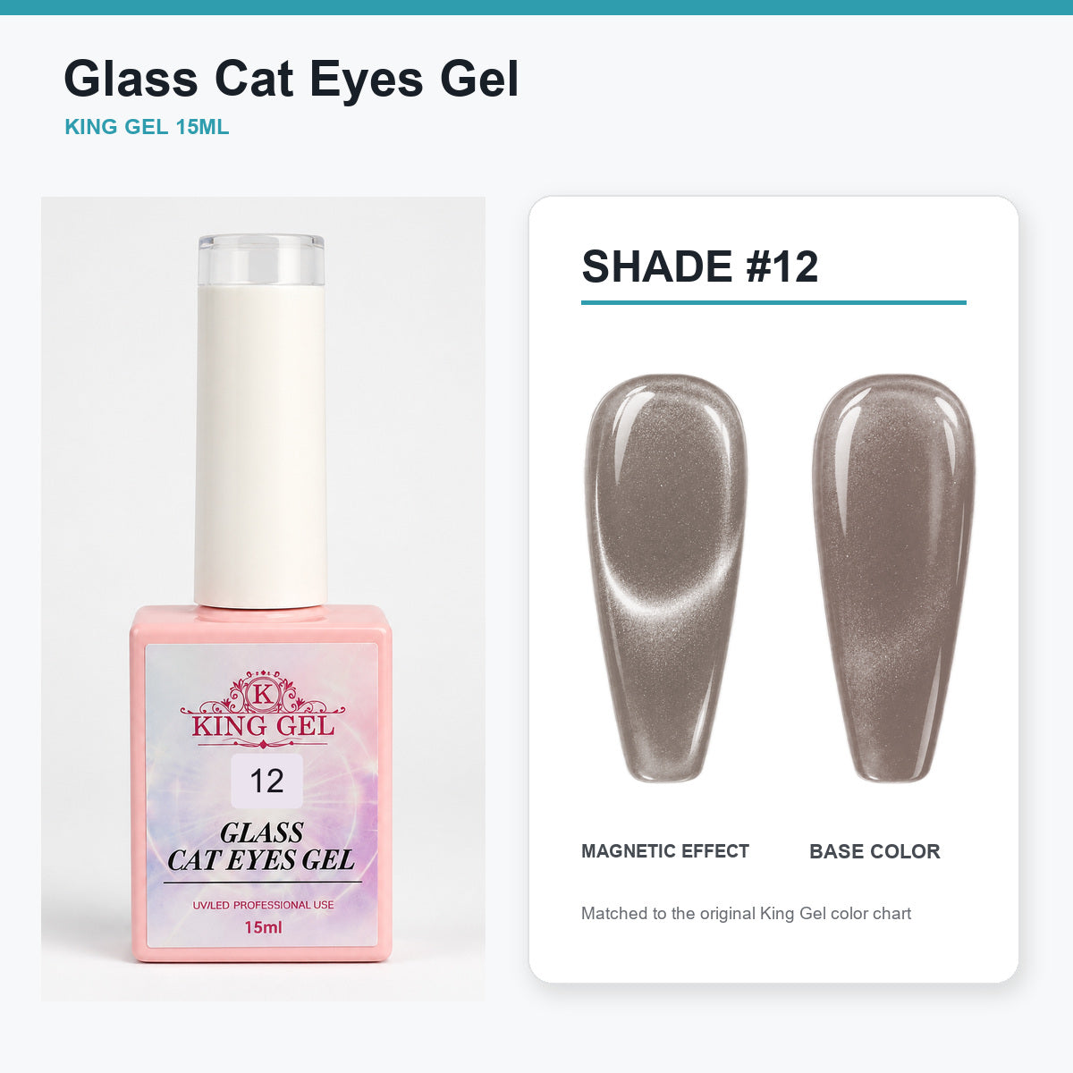 36 Colors Glass Cat Eyes Gel Collection - KingGel Brand - Shade 12 bottle and chart-matched color - Studio V2