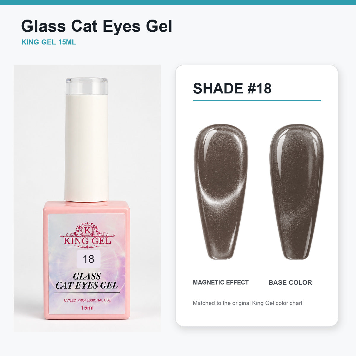 36 Colors Glass Cat Eyes Gel Collection - KingGel Brand - Shade 18 bottle and chart-matched color - Studio V2