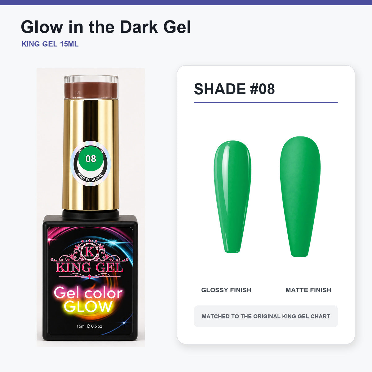 48 Colors Glow in the Dark Gel Collection - KingGel Brand - Shade 8 bottle and chart-matched color - Studio V2
