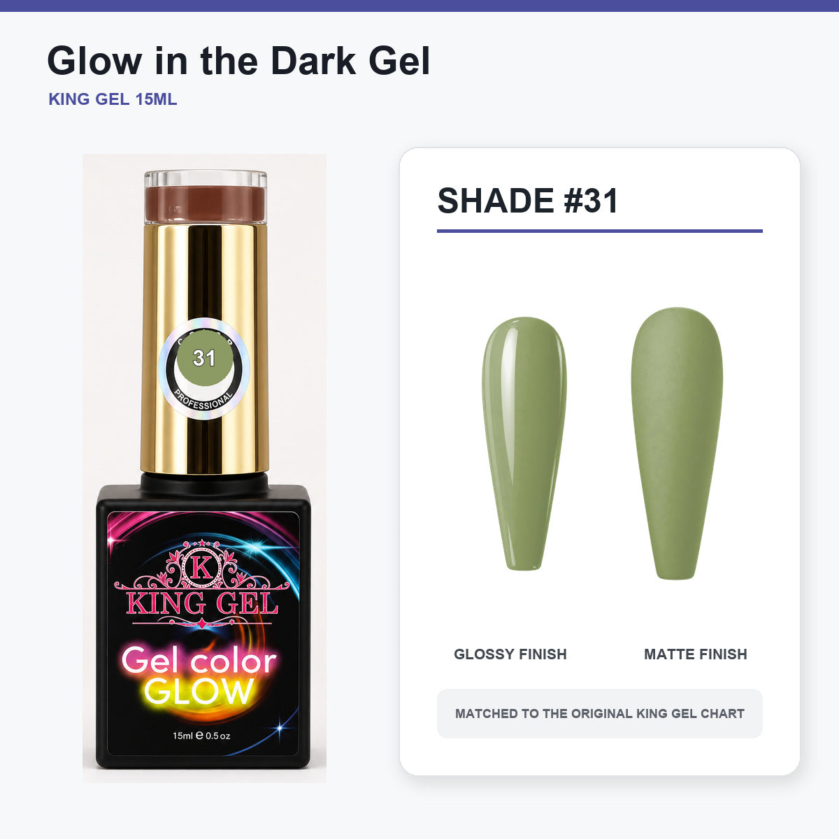 48 Colors Glow in the Dark Gel Collection - KingGel Brand - Shade 31 bottle and chart-matched color - Studio V2