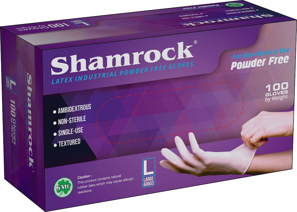 Shamrock 60600 Series latex powder-free gloves; 100-glove inner box shown, sold as a 10-box case