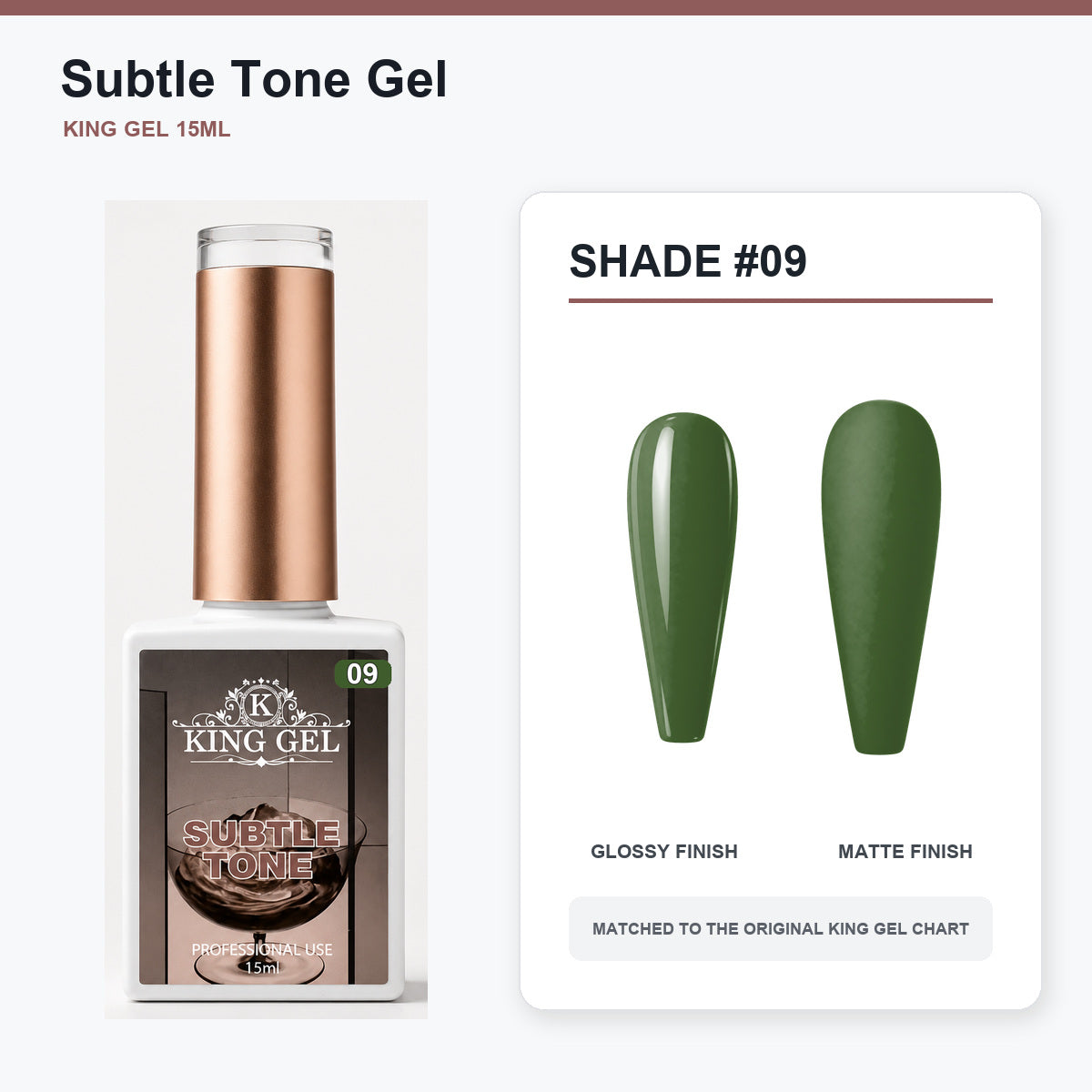 40 Colors Subtle Tone Gel Collection - KingGel Brand - Shade 9 bottle and chart-matched color - Studio V2