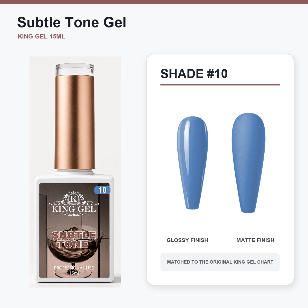 40 Colors Subtle Tone Gel Collection - KingGel Brand - Shade 10 bottle and chart-matched color - Studio V2