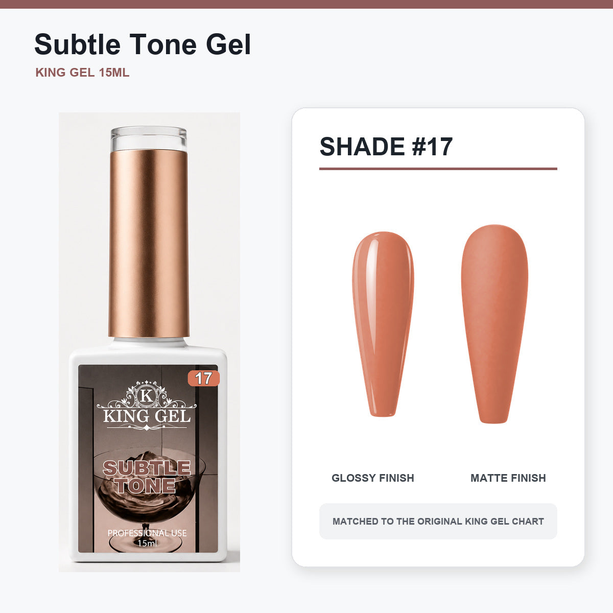 40 Colors Subtle Tone Gel Collection - KingGel Brand - Shade 17 bottle and chart-matched color - Studio V2