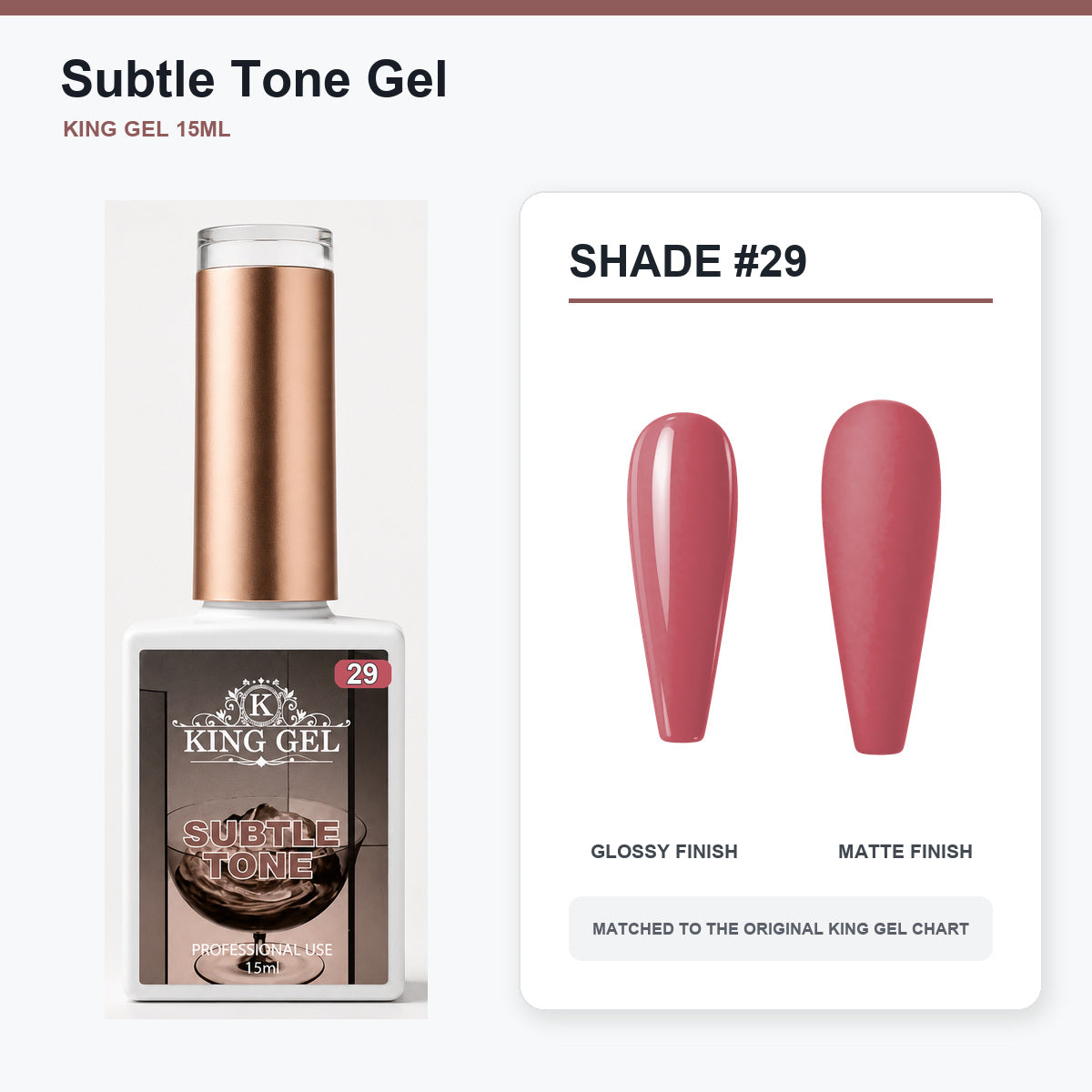 40 Colors Subtle Tone Gel Collection - KingGel Brand - Shade 29 bottle and chart-matched color - Studio V2