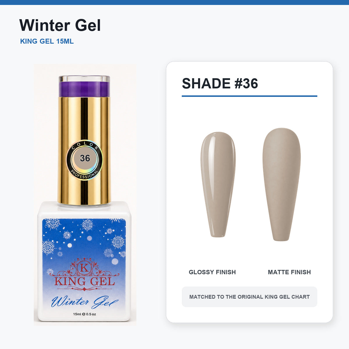 48 Colors Winter Gel Collection - KingGel Brand - Shade 36 bottle and chart-matched color - Studio V2