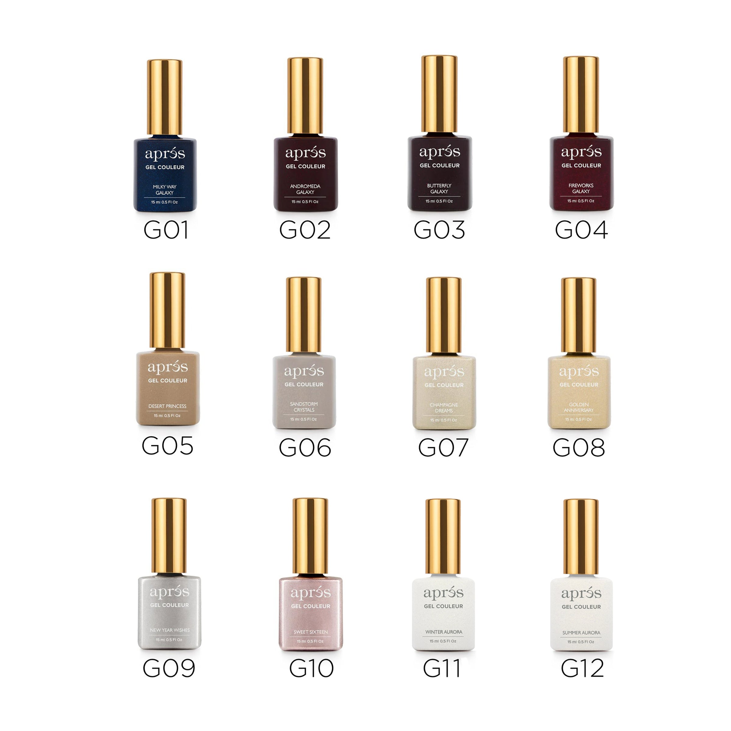 Apres - Gel Couleur #G Collection (HEMA/TPO Free) - Pack of 12 colors #G at $14.50/pc