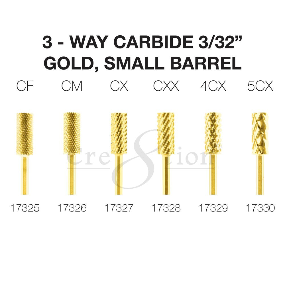 Cre8tion Gold 3-Way Carbide Small Barrel Bit - grit range overview