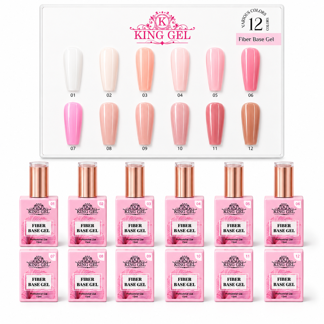 12 Gel Colors Fiber Base Collection - KingGel Brand  - Builder gel consistency full collection