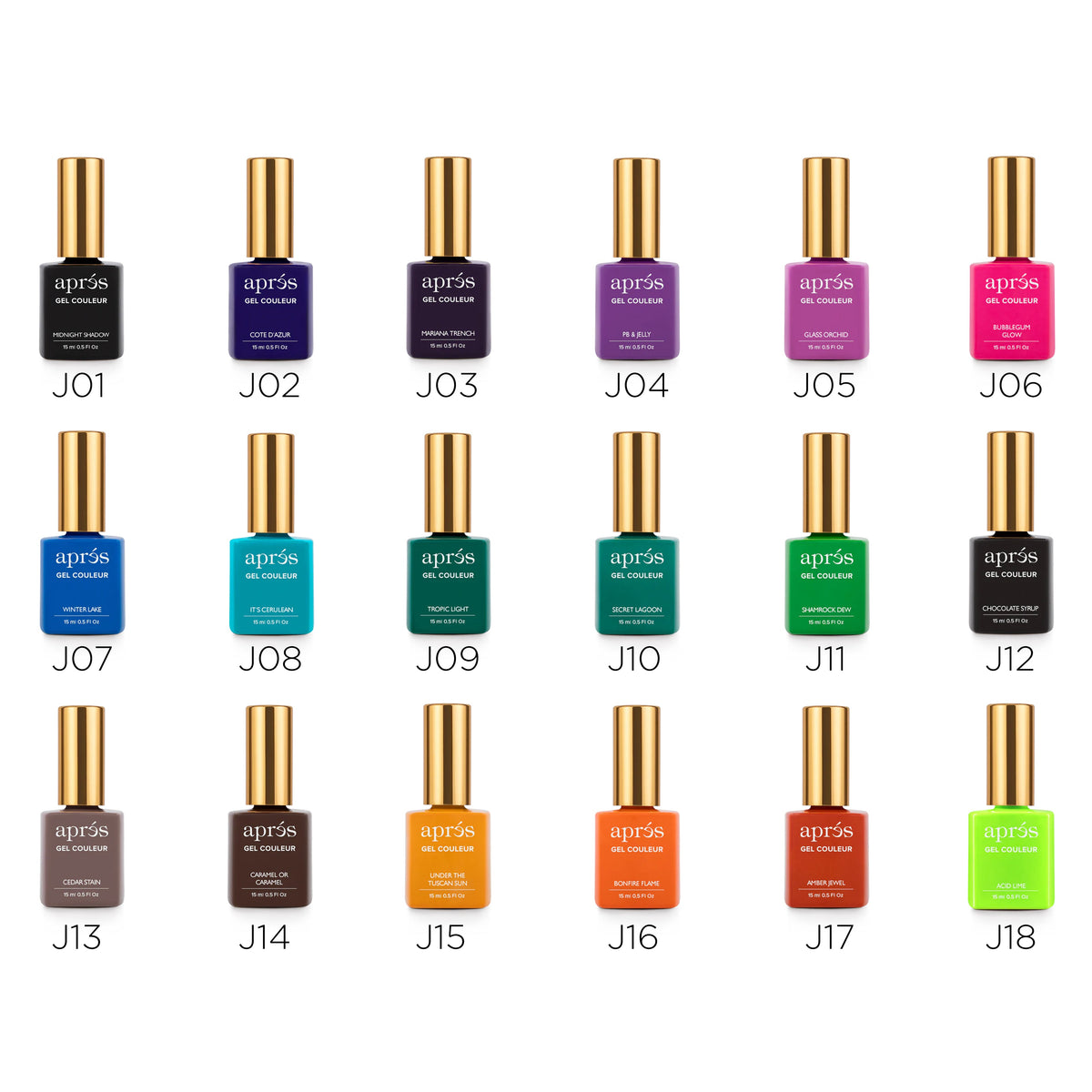 Apres - Gel Couleur #J Collection (HEMA/TPO Free) - Pack of 18 colors #J at $14.50/pc