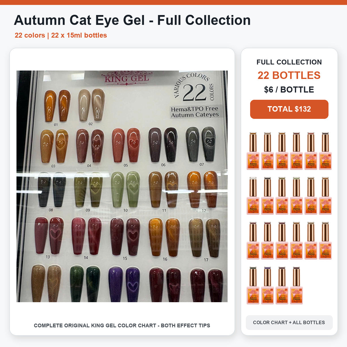 22 Colors Autumn Cat Eye Gel Collection - KingGel Brand - Full Collection color chart and all bottles - Studio V2