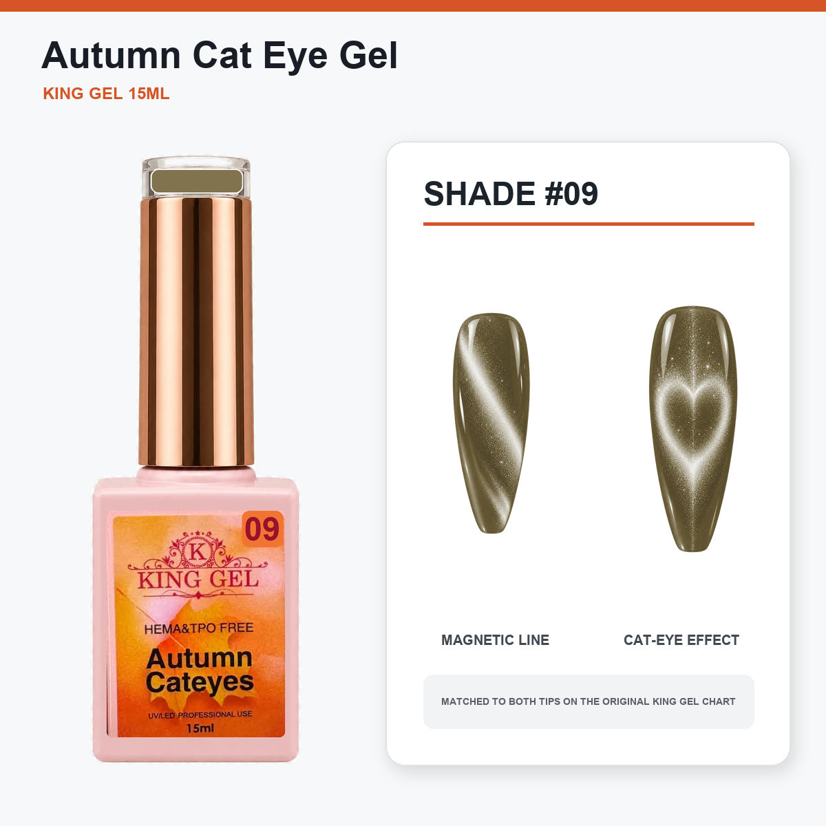 22 Colors Autumn Cat Eye Gel Collection - KingGel Brand - Shade 9 bottle and chart-matched color - Studio V2