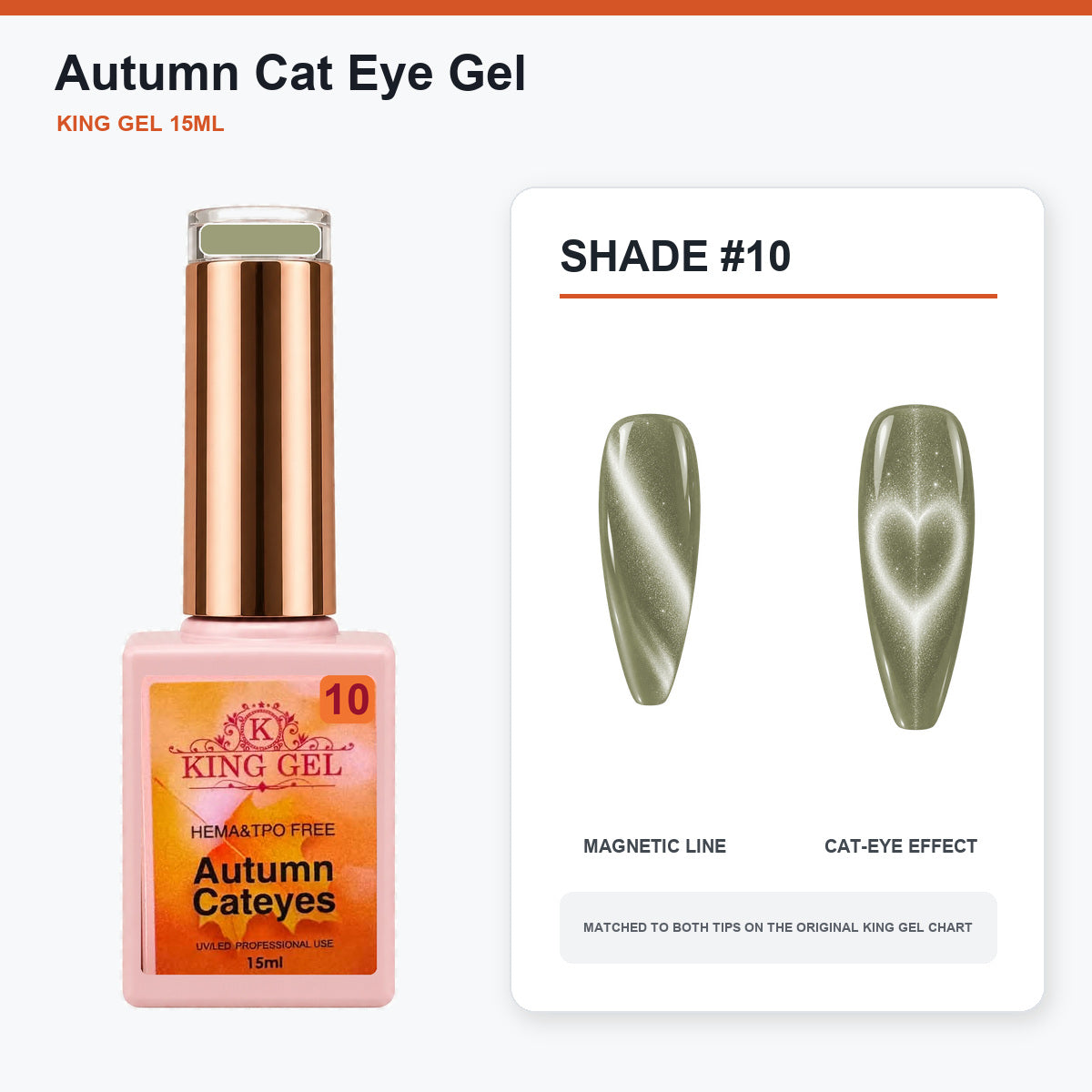 22 Colors Autumn Cat Eye Gel Collection - KingGel Brand - Shade 10 bottle and chart-matched color - Studio V2