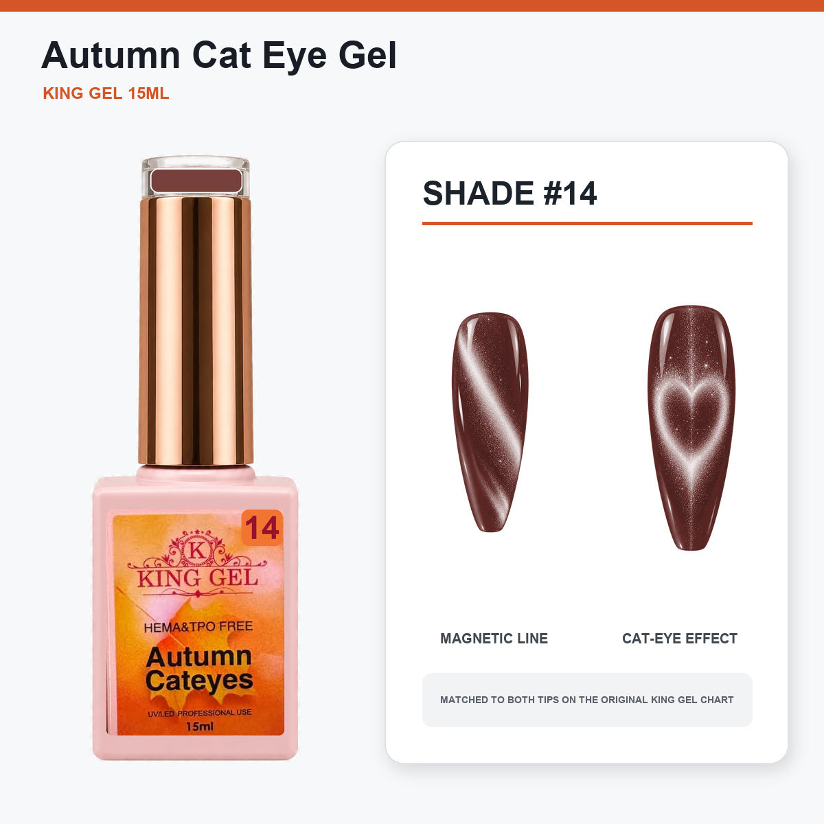 22 Colors Autumn Cat Eye Gel Collection - KingGel Brand - Shade 14 bottle and chart-matched color - Studio V2