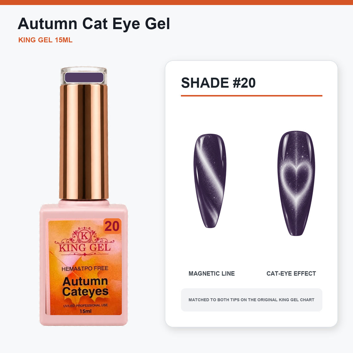 22 Colors Autumn Cat Eye Gel Collection - KingGel Brand - Shade 20 bottle and chart-matched color - Studio V2