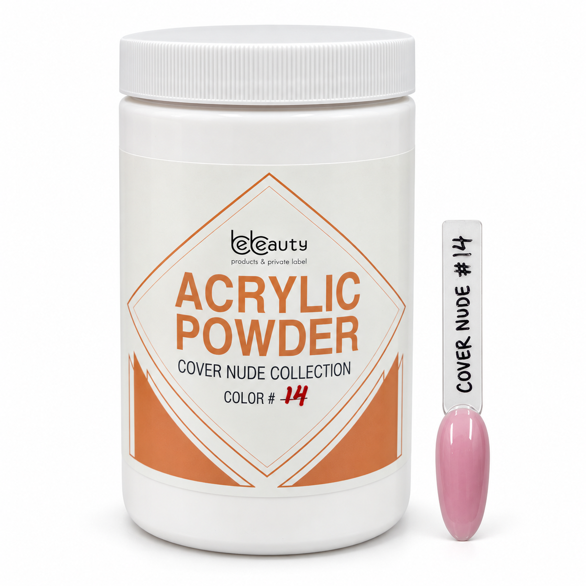 BeBeauty Cover Nude #14 Acrylic Powder 22 oz jar with matching nail swatch