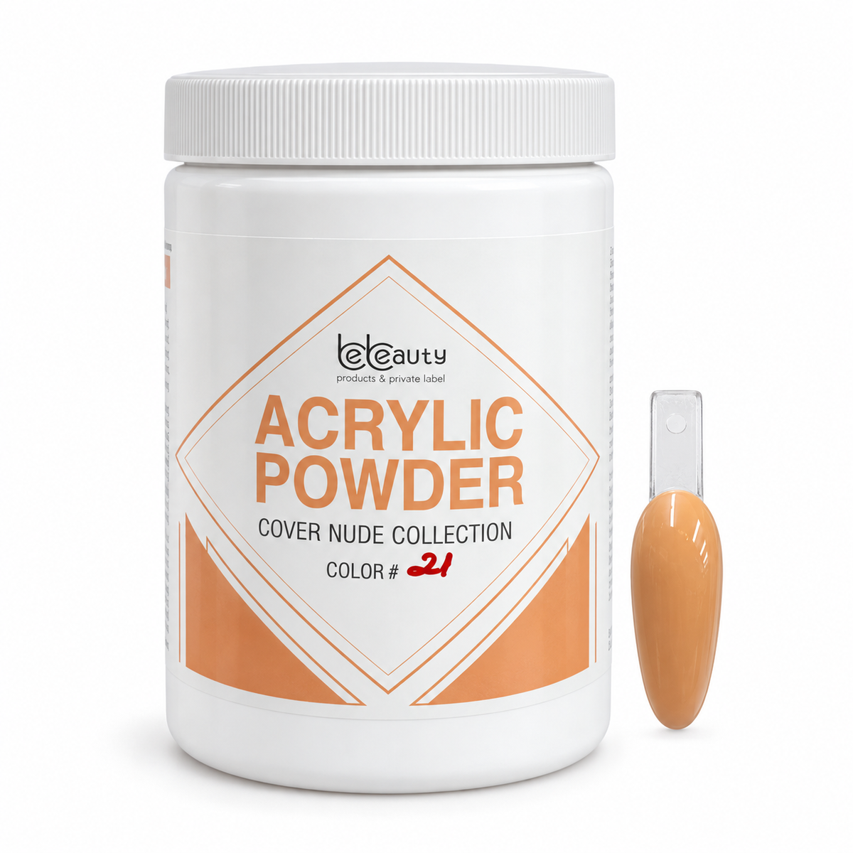 BeBeauty Cover Nude #21 Acrylic Powder 22 oz jar with matching nail swatch