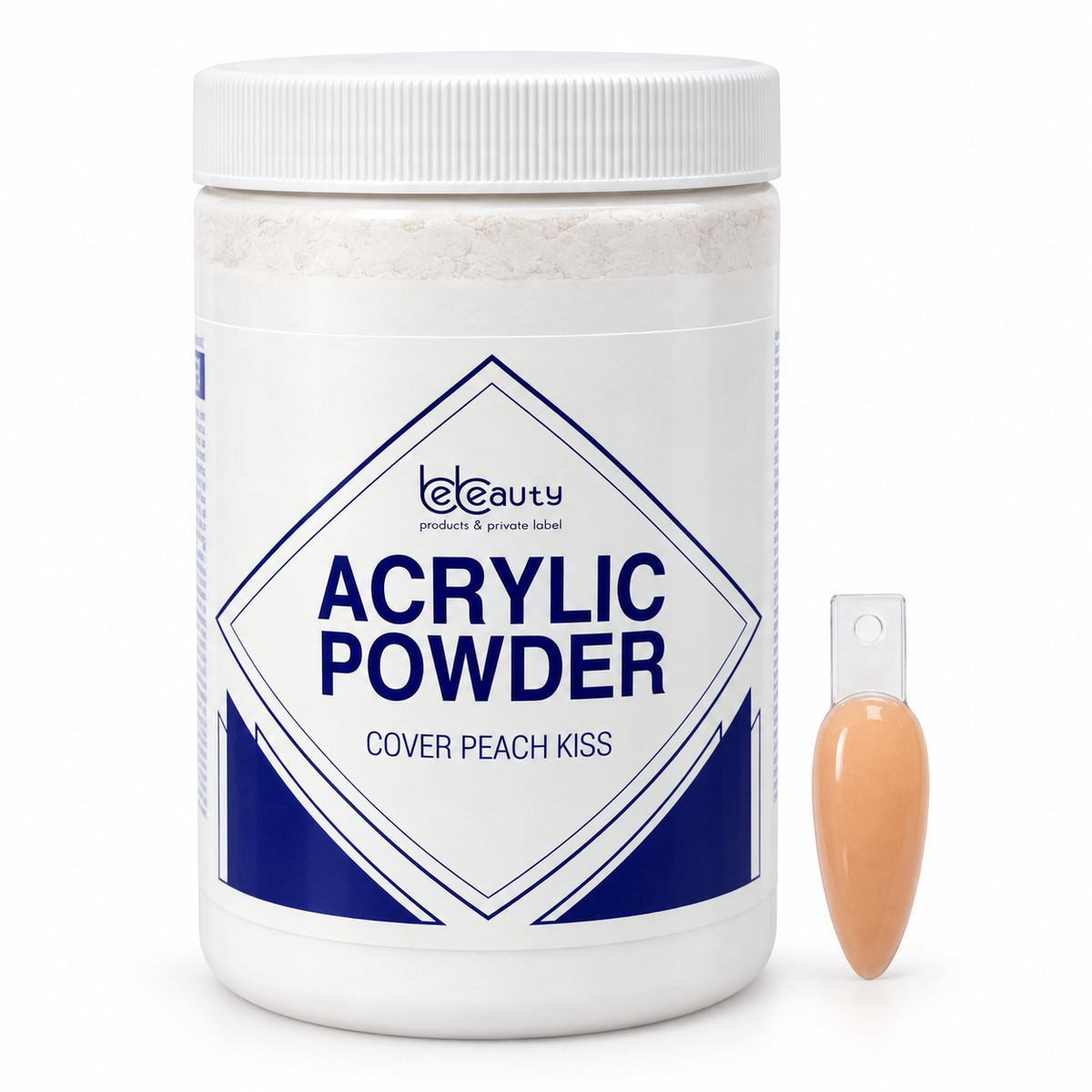 BeBeauty Cover Peach Kiss Acrylic Powder 22 oz jar with matching nail swatch