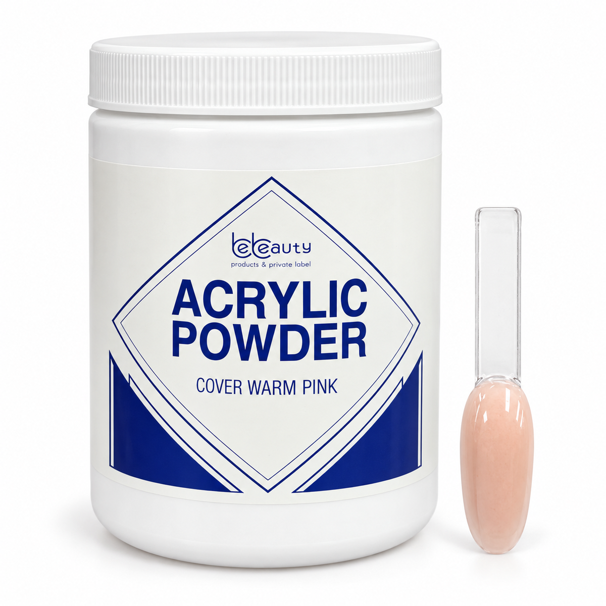 BeBeauty Cover Warm Pink Acrylic Powder 22 oz jar with matching nail swatch