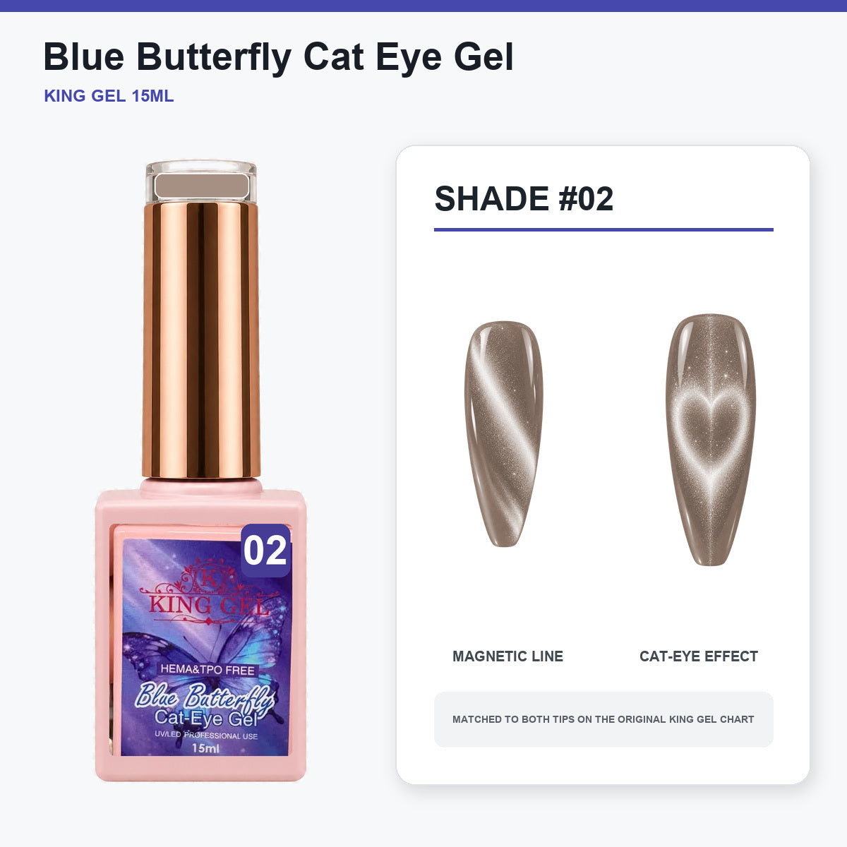 36 Colors Blue Butterfly Cat Eye Gel Collection - KingGel Brand - Shade 2 bottle and chart-matched color - Studio V2