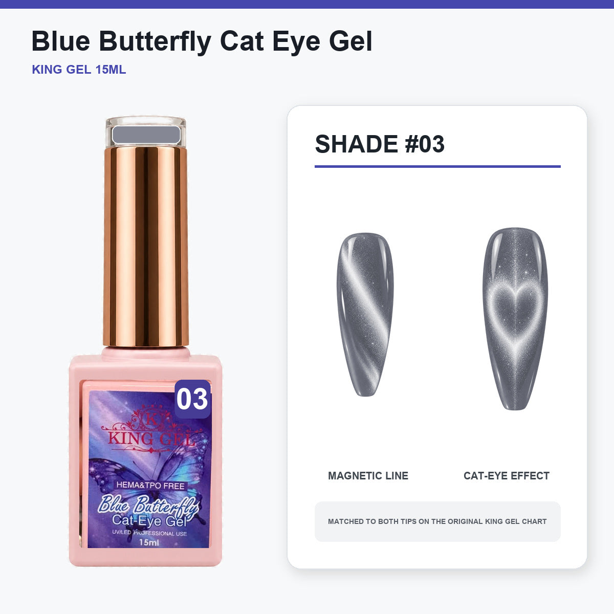 36 Colors Blue Butterfly Cat Eye Gel Collection - KingGel Brand - Shade 3 bottle and chart-matched color - Studio V2