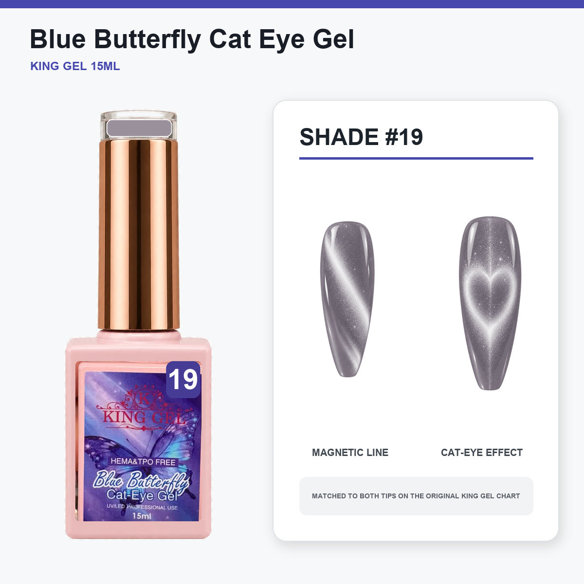 36 Colors Blue Butterfly Cat Eye Gel Collection - KingGel Brand - Shade 19 bottle and chart-matched color - Studio V2