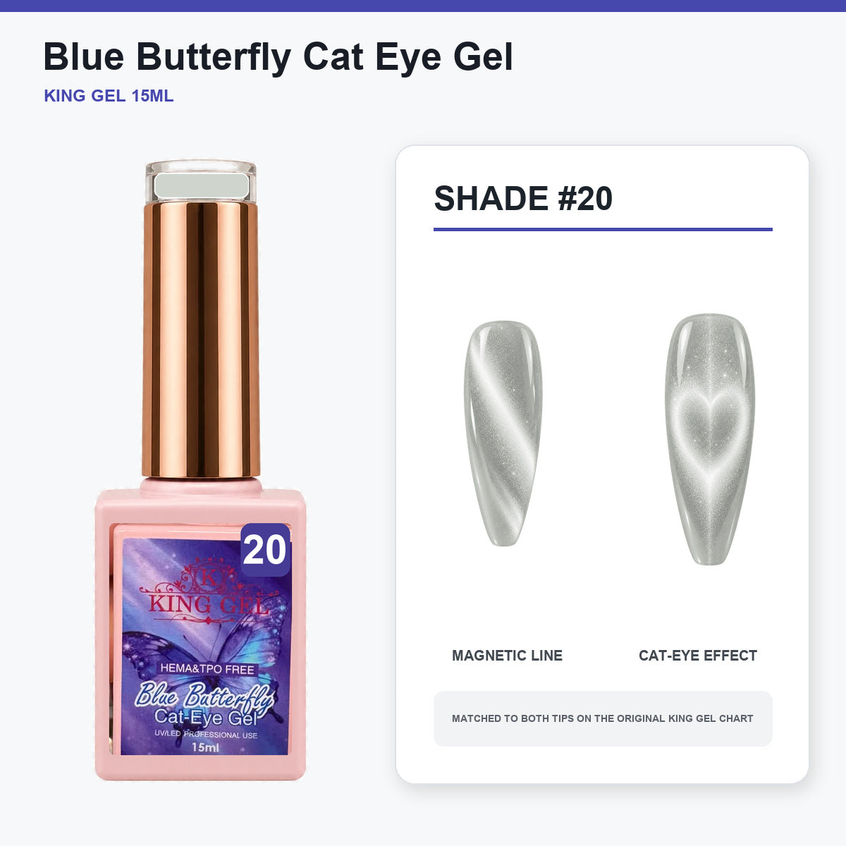 36 Colors Blue Butterfly Cat Eye Gel Collection - KingGel Brand - Shade 20 bottle and chart-matched color - Studio V2