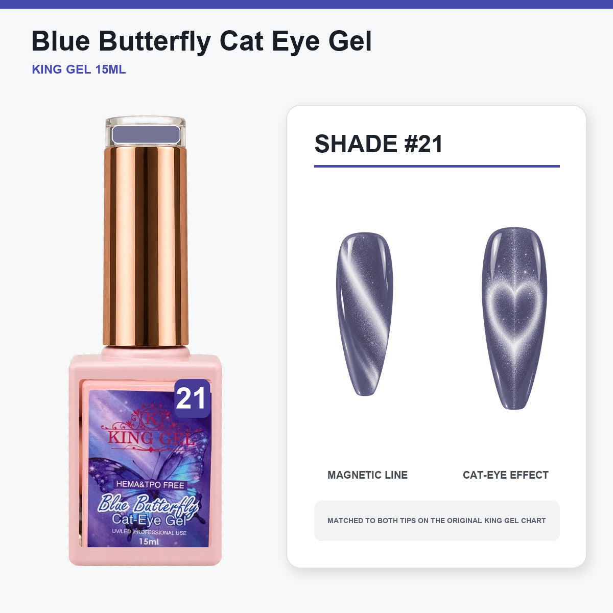 36 Colors Blue Butterfly Cat Eye Gel Collection - KingGel Brand - Shade 21 bottle and chart-matched color - Studio V2