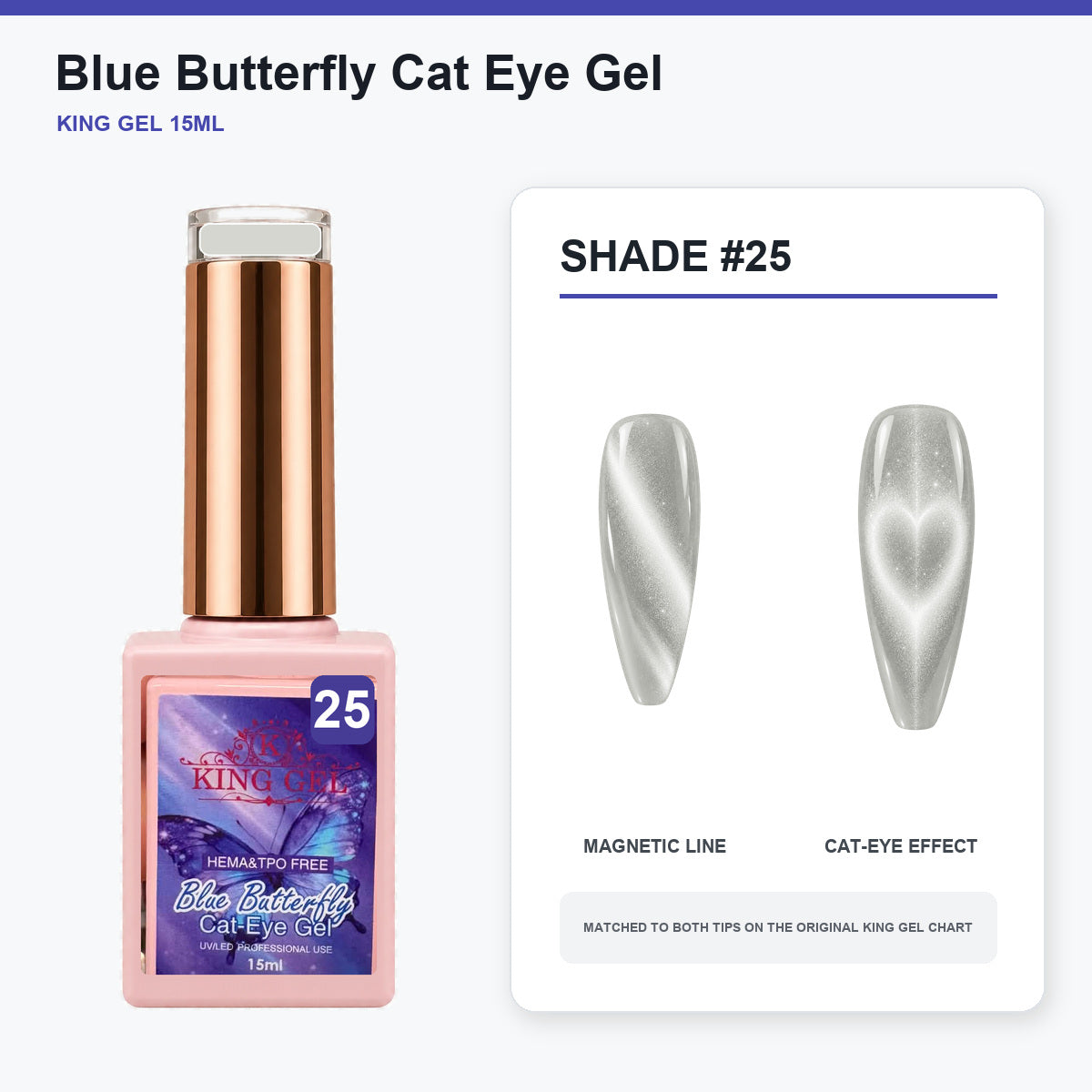 36 Colors Blue Butterfly Cat Eye Gel Collection - KingGel Brand - Shade 25 bottle and chart-matched color - Studio V2